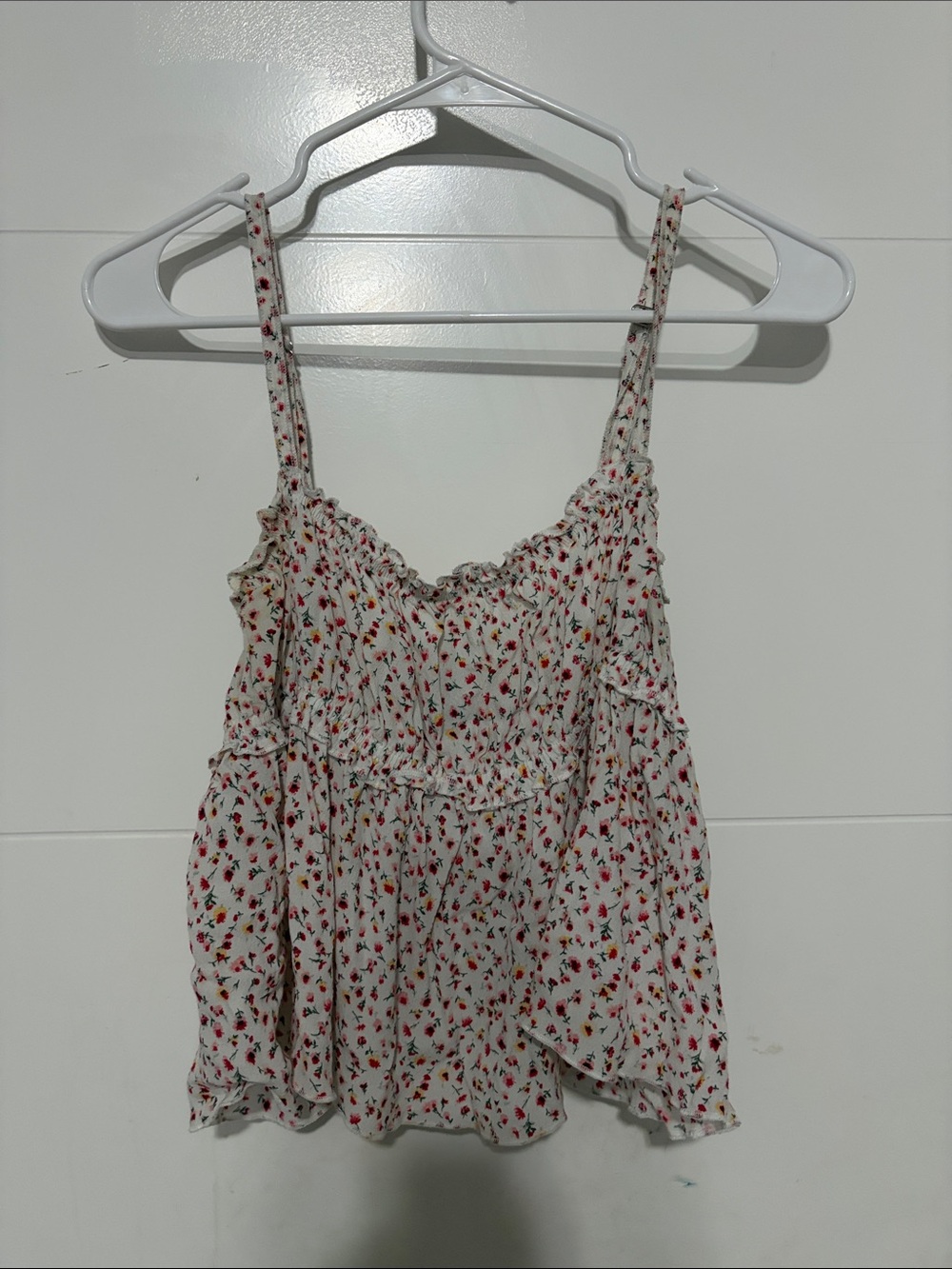 Forever 21 Ivory Floral Ruffle Cami with Pink & Red Print